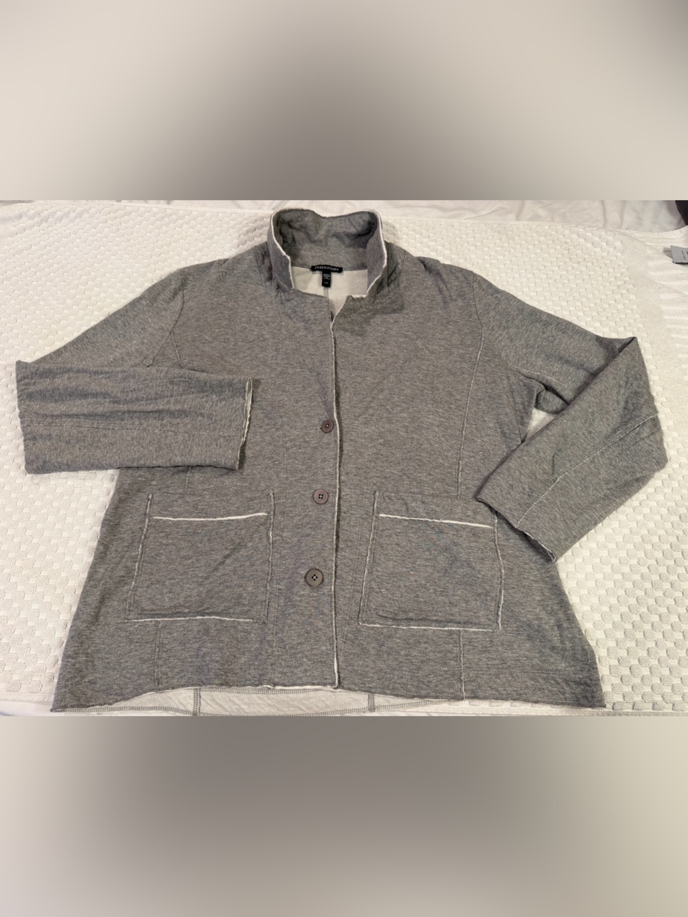 Eileen Fisher Gray Button-Front Knit Cardigan with Patch Pockets, Size L